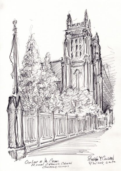 Mt Carmel #143A Catholic Church pencil landmark drawing with view of the spires.