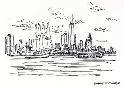 Chicago skyline #743A pen & ink cityscape drawing with a view of the near north side, and Navy Pier.