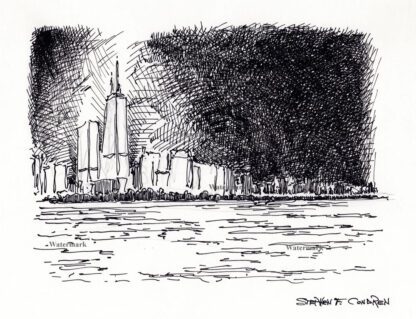 Chicago skyline pen & ink drawing at night.