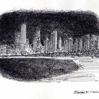 Chicago Skyline #748A pen & ink cityscape drawing with a nighttime view from North Lake Shore Drive.