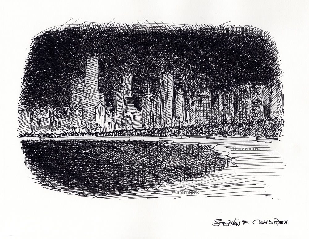 Chicago Skyline #748A pen & ink cityscape drawing with a nighttime view from North Lake Shore Drive.