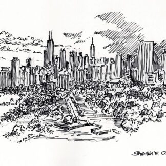 Chicago skyline #745A pen & ink cityscape drawing with views of Lincoln Park.