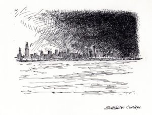 Chicago skyline pen & ink drawing at sunset by Condren.