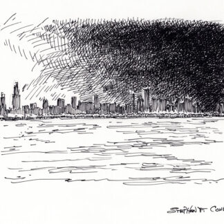 Chicago skyline #749A pen & ink cityscape drawing with a view of the Loop at sunset.