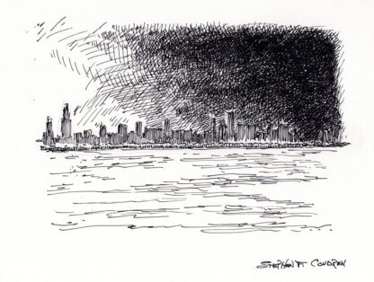 Chicago skyline #749A pen & ink cityscape drawing with a view of the Loop at sunset.