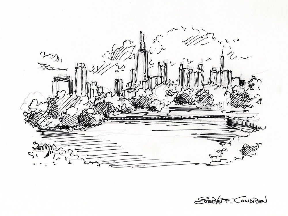 Chicago skyline #750A pen & ink cityscape drawing with a view of Lincoln Park.