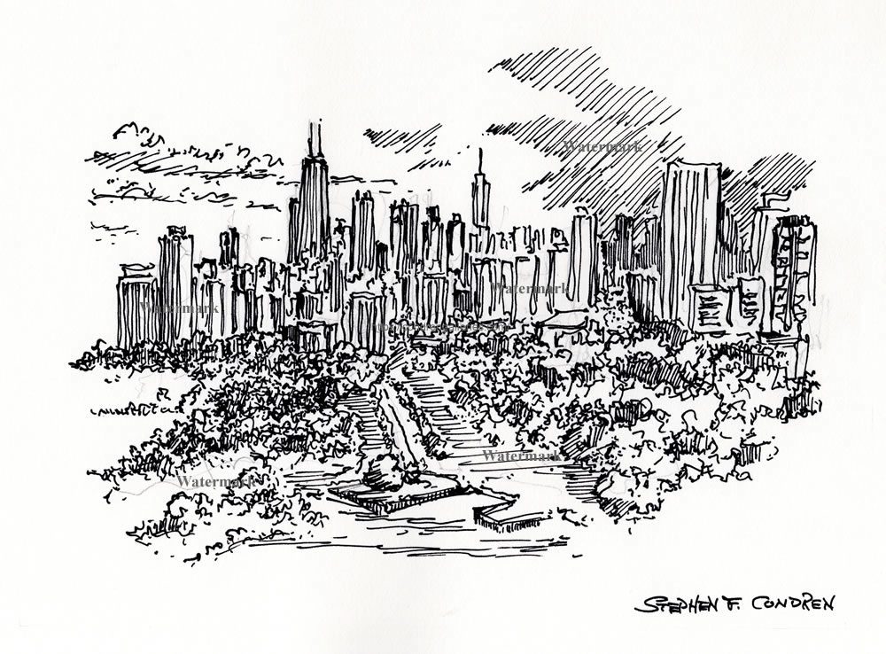 Chicago skyline #745A pen & ink cityscape drawing with views of Lincoln Park.