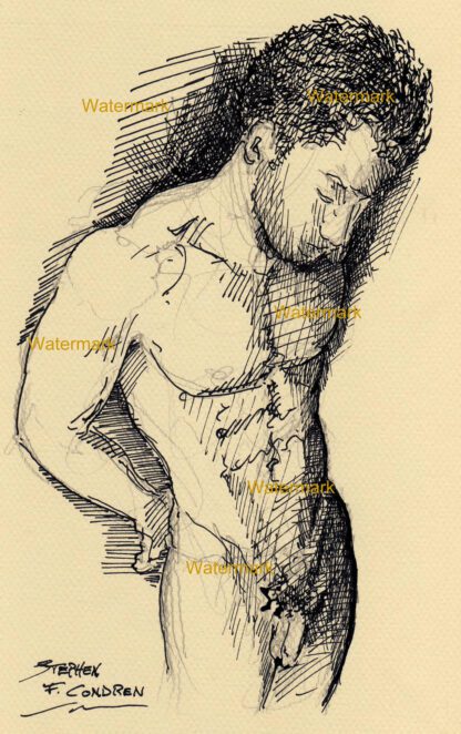Nude male figure #1023A pen & ink torso drawing with handsome physique including fit torso, 6-pack, and abs.