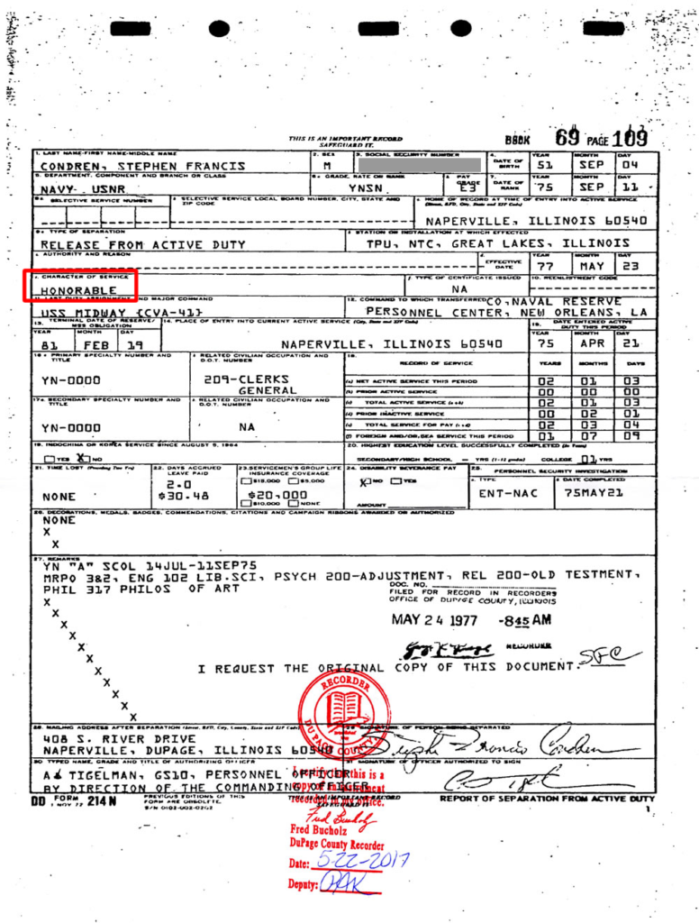 DD-214 Honorable Discharge Certificate Stephen F. Condren.