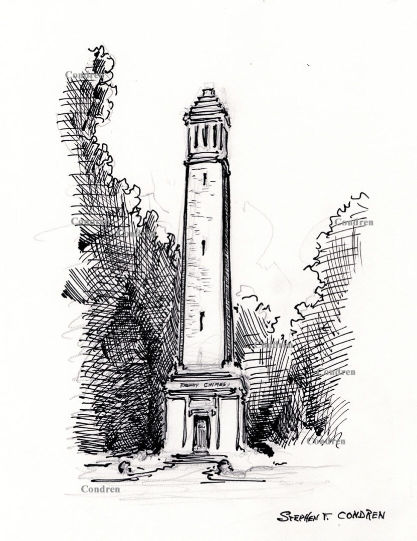Denny Chimes #753A pen & ink landmark drawing of a campanile bell tower.