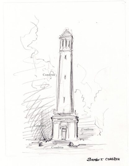 Denny Chimes #754A pencil landmark drawing of a carillon bell tower.