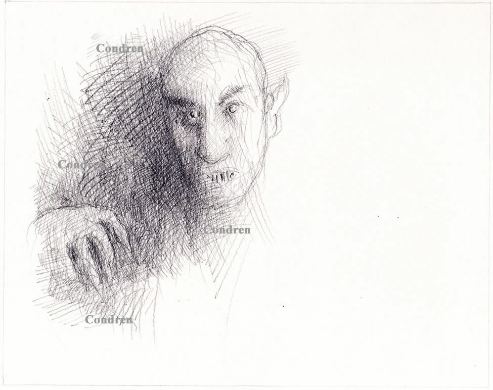 Nosferatu pencil drawing #755A of a vampire with shading that brings out the terror of the monster.