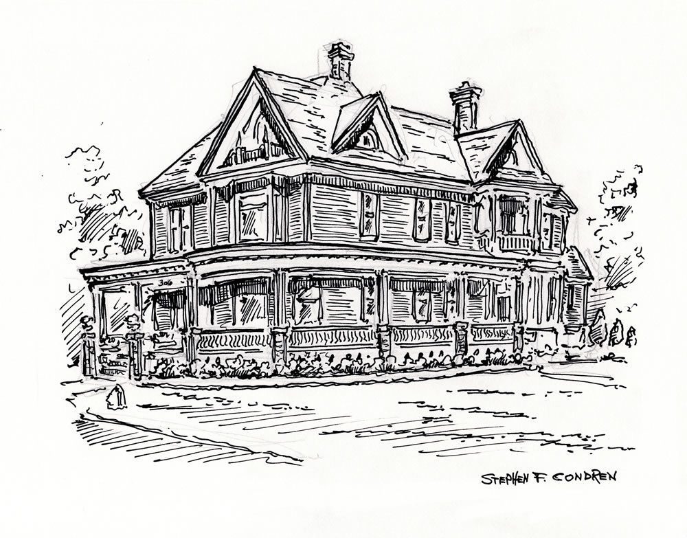 Pen & ink house portrait with prints.