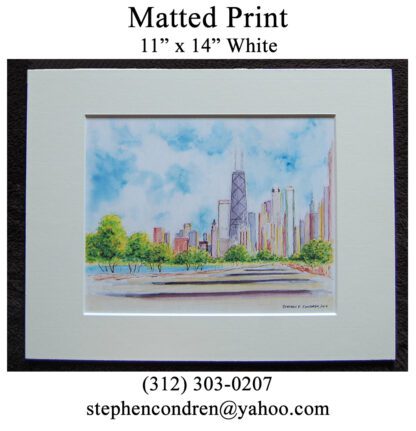 Matted watercolor Chicago skyline by Stephen F. Condren.