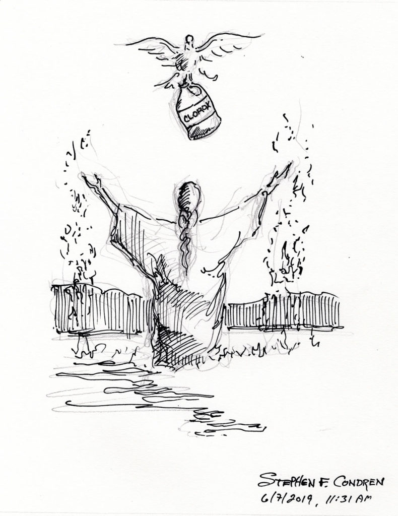 Pen & ink drawing of Jesus being baptized with the Dove of the Holy Spirit hold a bottle of Bleach.