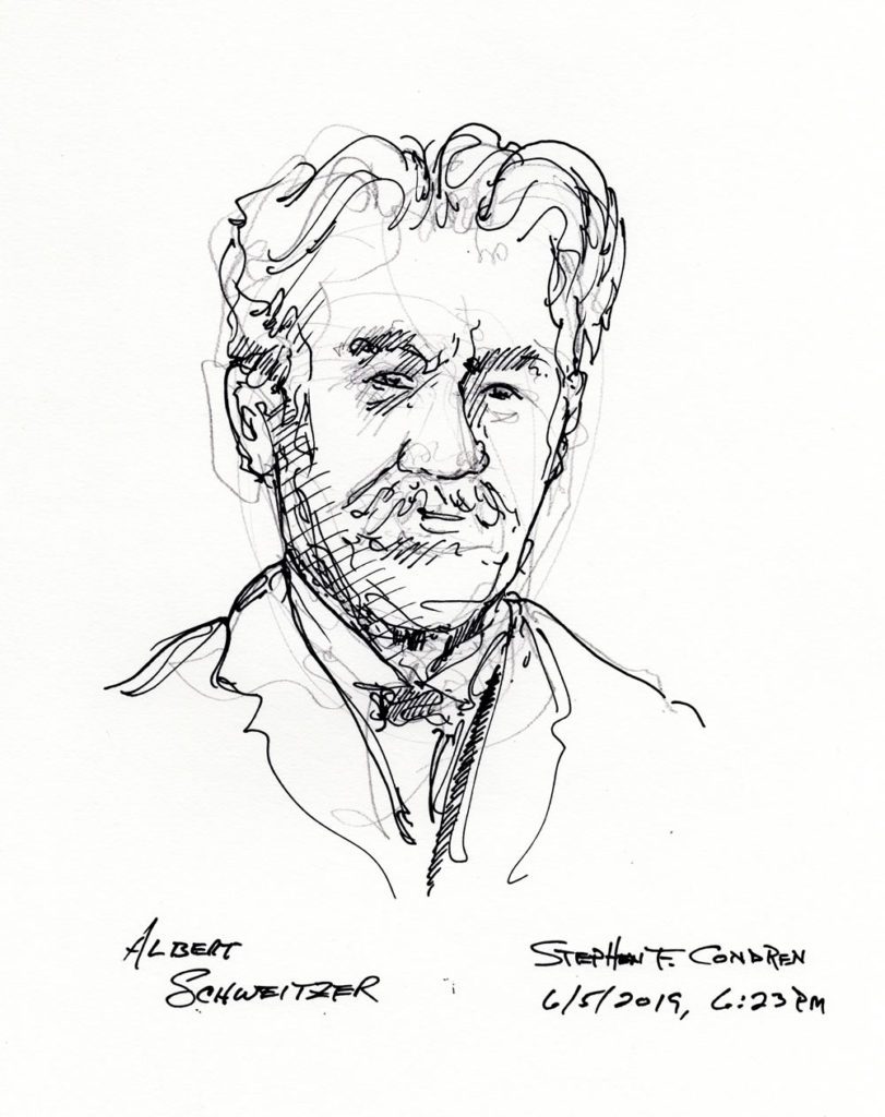 Pen & ink drawing of Dr. Albert Schweitzer by Condren