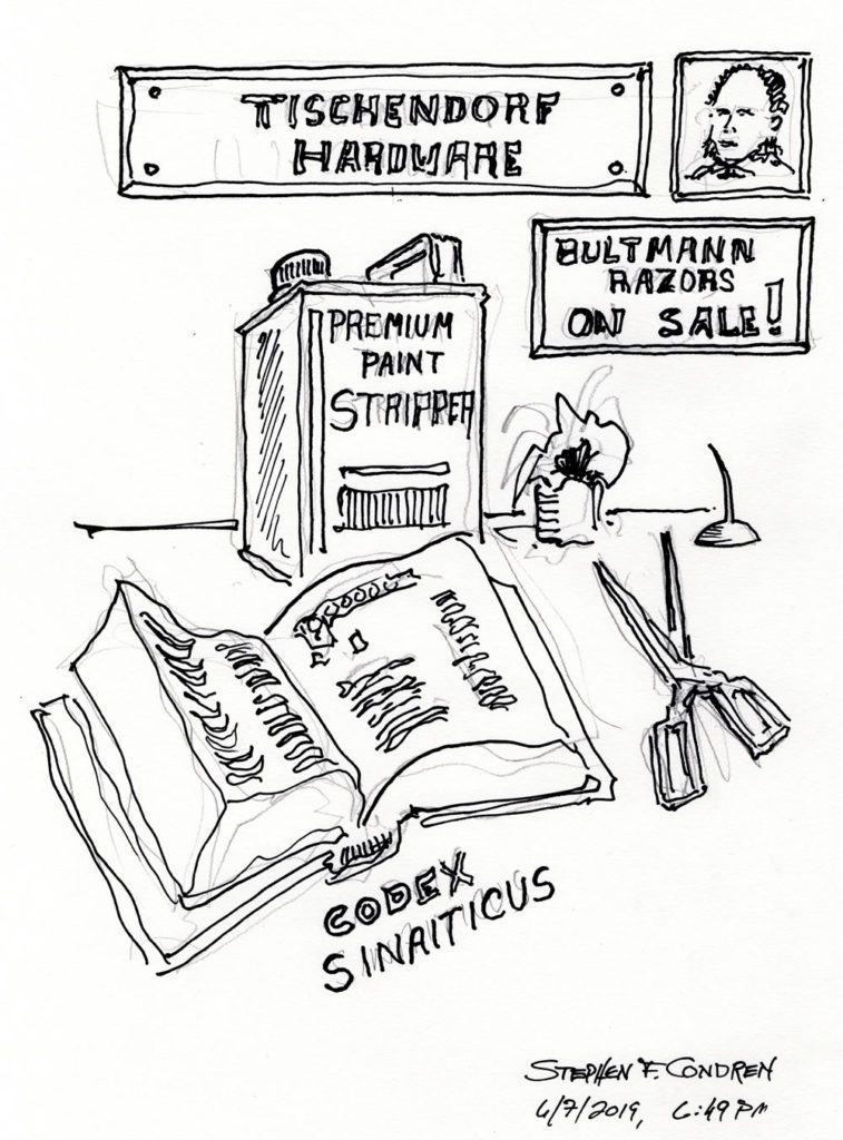 Pen & ink drawing of Codex Sinaiticus being cut apart by Rudolph Bultmann.