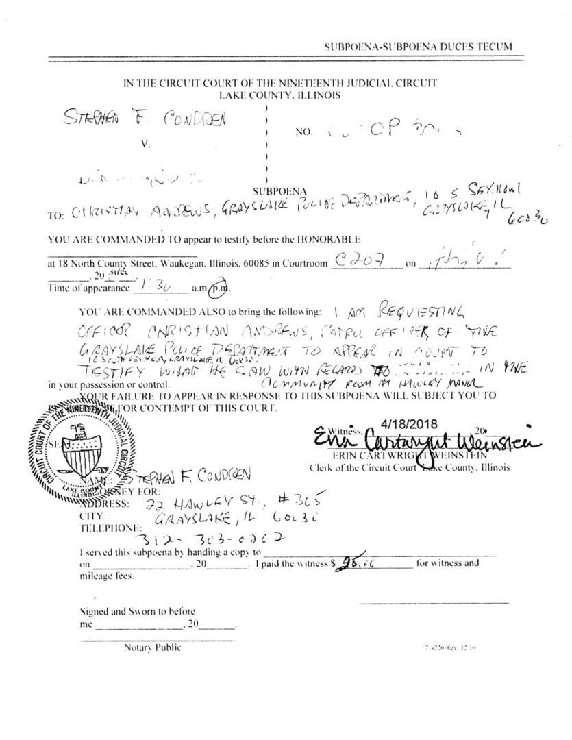 Subpoena for Police Officer Christian Andrews. – Condren Galleries