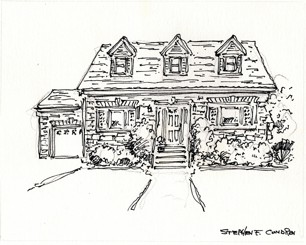 Pen & ink drawing of house façade.