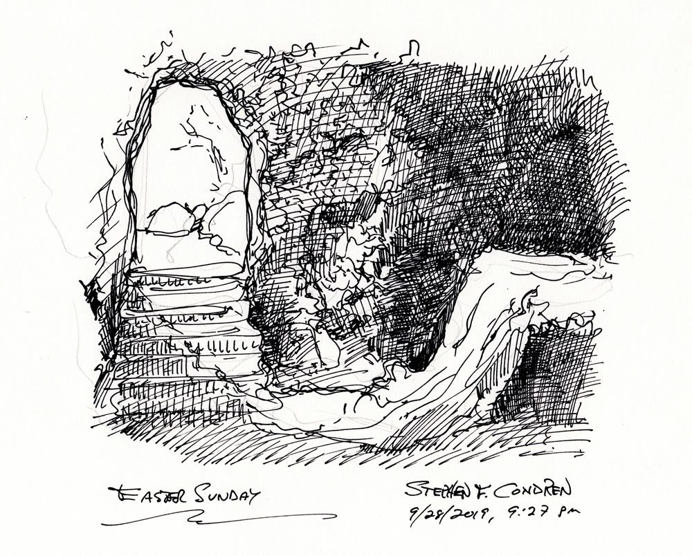 Pen & ink drawing of the empty tomb of Jesus on Easter Sunday.