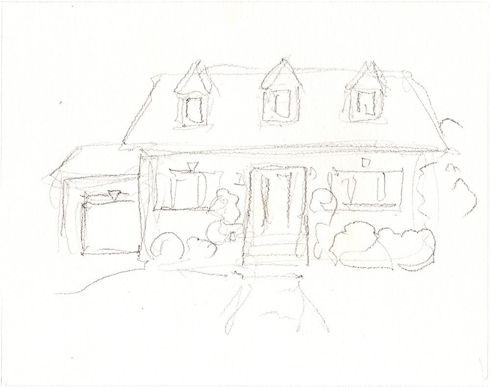 Pencil drawing of house façade.