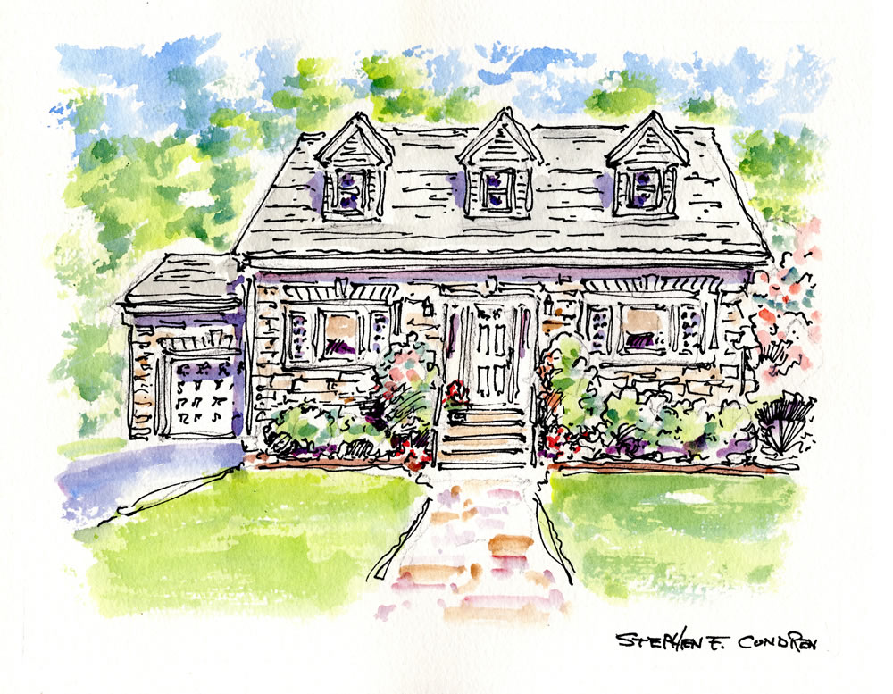 Watercolor house portrait #404Z pen & ink drawing