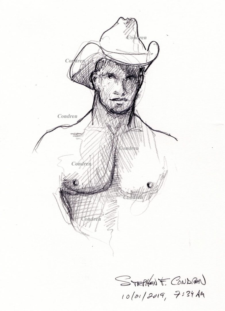 Pencil portrait of a gay cowboy by artist Stephen F. Condren, with prints and scans.