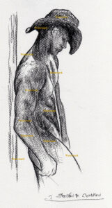 Gay cowboy drawing #504Z, in pencil, by artist Stephen F. Condren.