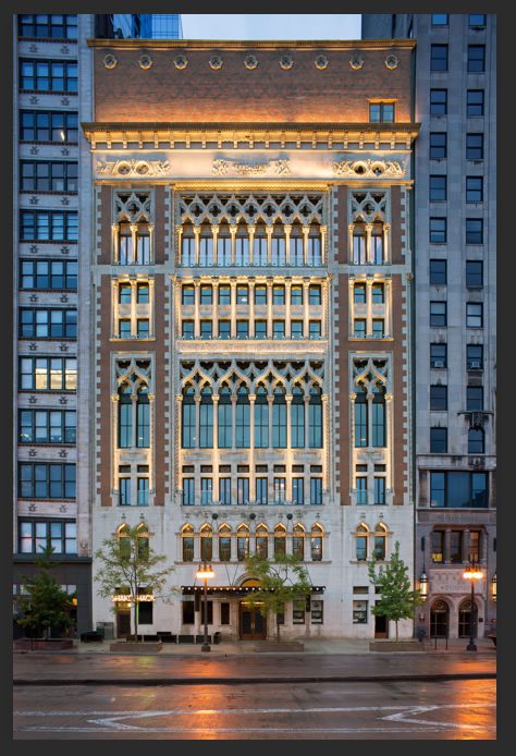 Façade of the Chicago Athletic Association on Michigan Avenue, downtown Chicago. I swim for life with prints and scan by artist Stephen F. Condren of Condren Galleries.