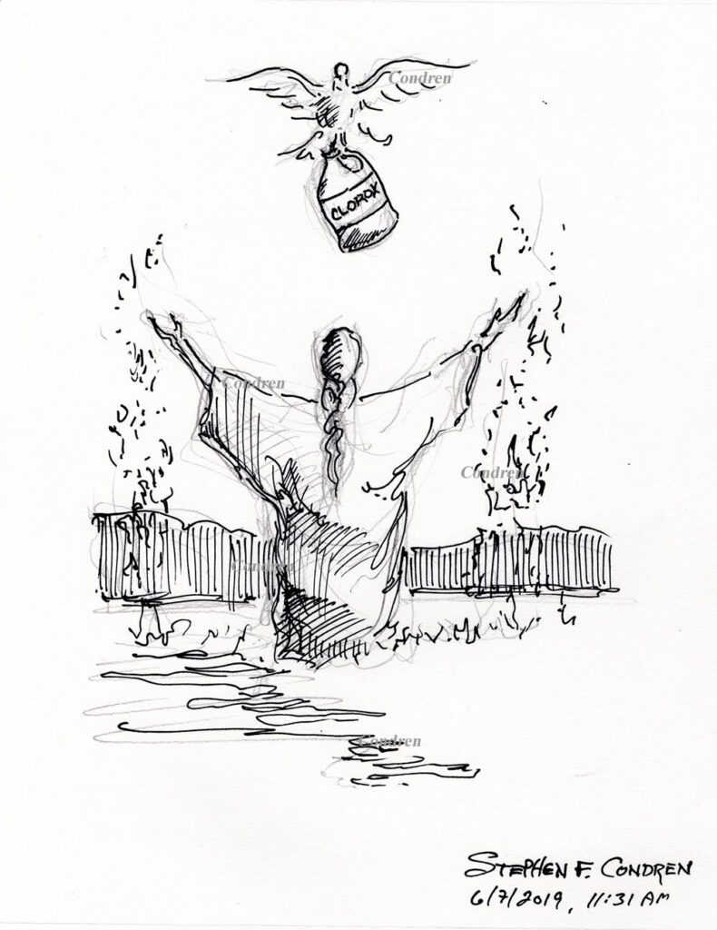 Sinaiticus Redaction Criticism #506Z, pen & ink drawing by artist Stephen F. Condren. Drawing of the Holy Spirit holding a bottle of Clorox over Jesus being baptized.