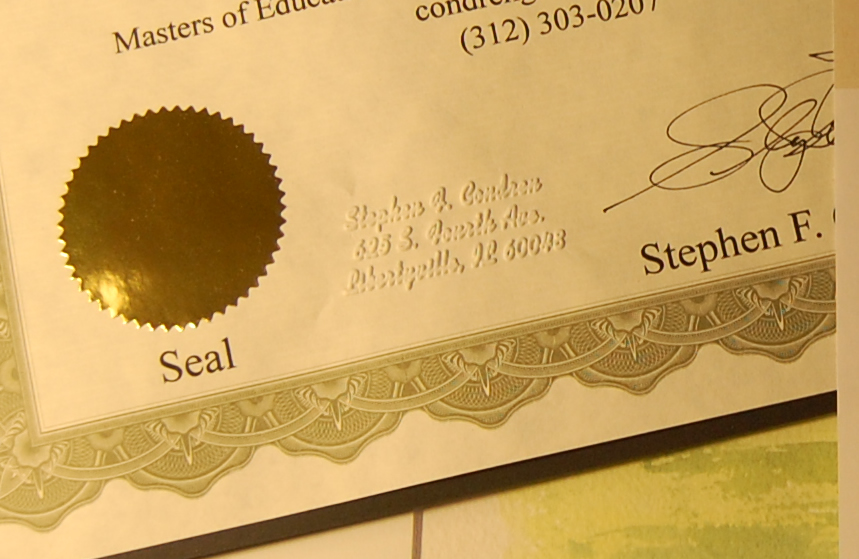Detail of embossed seal on the Certificate of Authenticity by Stephen F. Condren