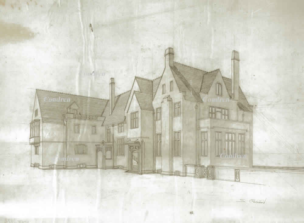 Pencil architectural rendering of the Loeb mansion from the Leopold-Loeb murder trial of 1924 in Chicago, by artist Stephen F. Condren.