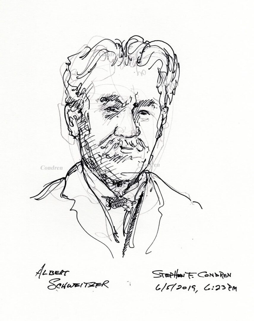 Pen & ink drawing of Theologian Albert Schweitzer, by artist Stephen F. Condren, with prints and scans.
