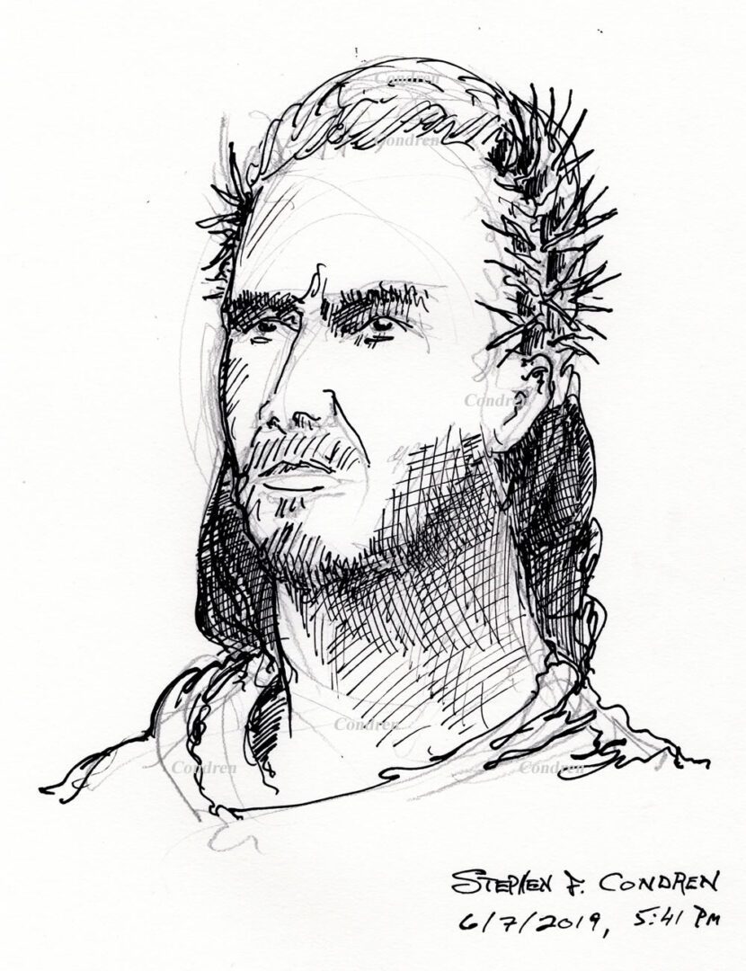 Pen & ink drawing of Jesus Christ wearing a stephanos, or crown of thorns, by artist Stephen F. Condren, with prints and scans.