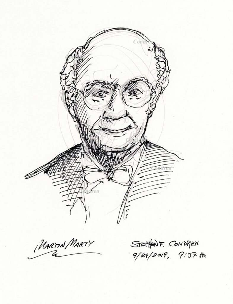 Pen & ink drawing of Theologian Martin Marty by artist Stephen F. Condren.
