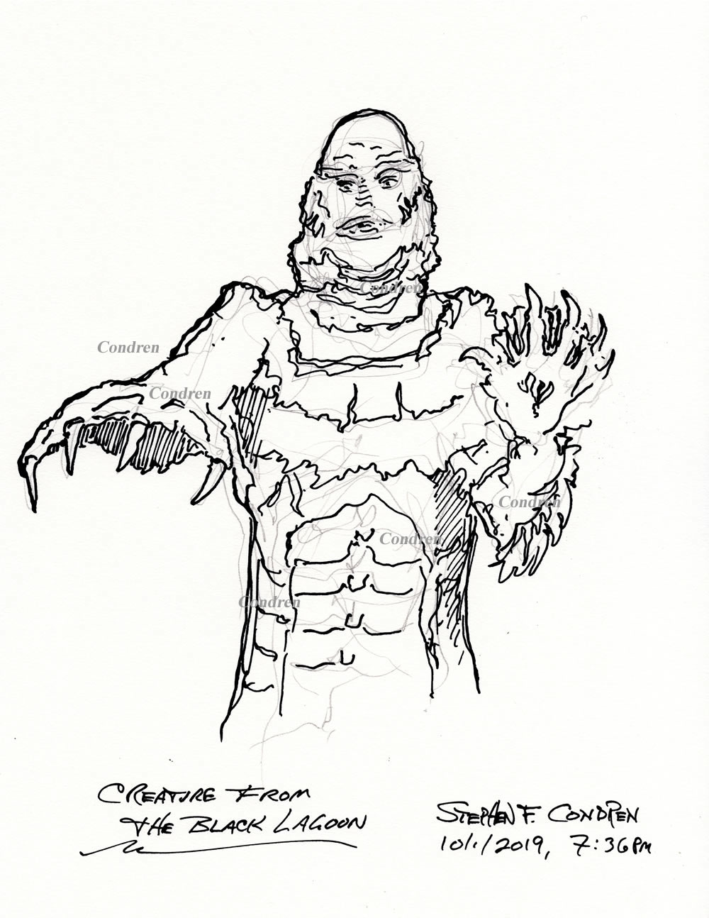 Pen & ink drawing of Creature from the Black Lagoon by artist Stephen F. Condren, with prints and scans.