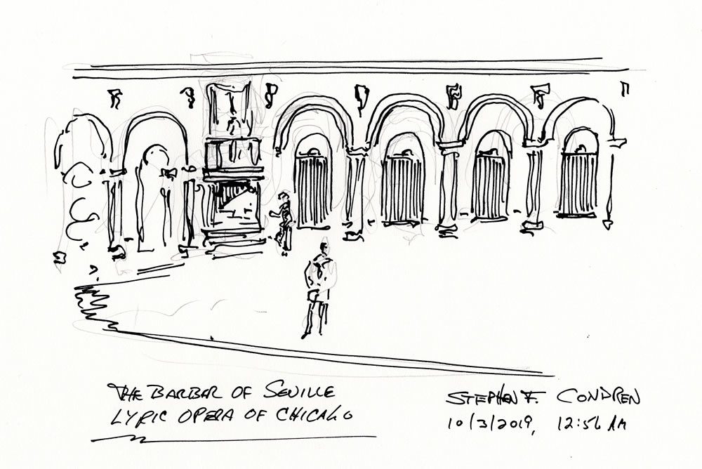 Pen & ink drawing of the Barber of Seville, Lyric Opera of Chicago.