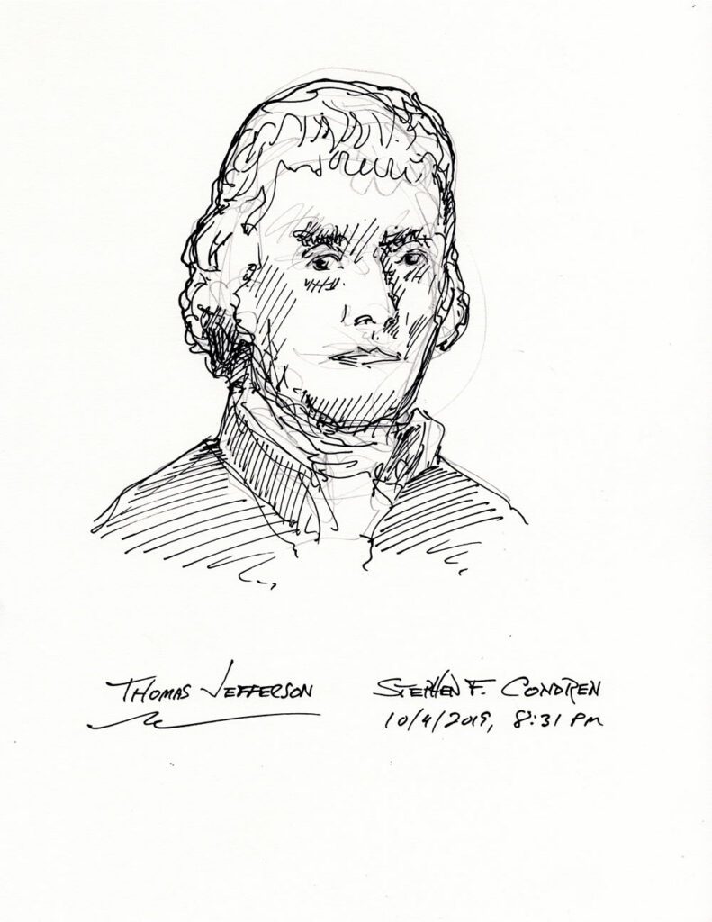 Pen & ink drawing of Thomas Jefferson.