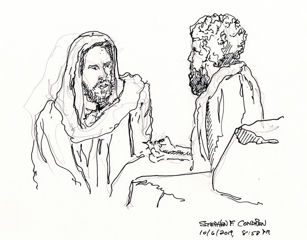 Pen & ink drawing of Jesus healing the man with a withered hand.