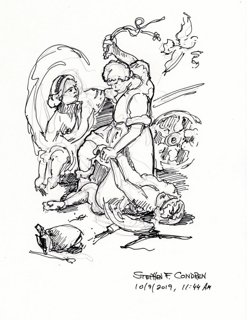 Pen & ink sketch of Cupid Chastised by Bartolomeo Manfredi, by artist Stephen F. Condren. With incest, homoerotic, and gay art. A Gay love story #438Z.