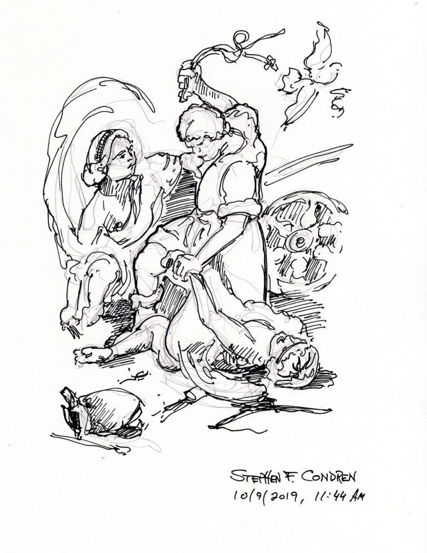 Manfredi Cupid Chastised #443Z, as Homoerotic Sadomasochistic Gay Art, with pen & ink figure drawing by artist Stephen F. Condren.