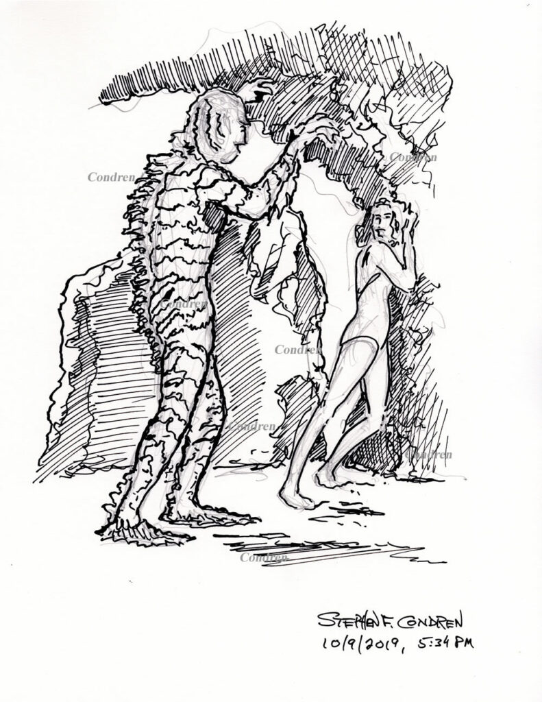 Pen & ink drawing of Creature from the Black Lagoon approaching a woman, by artist Stephen F. Condren, with prints and scans.