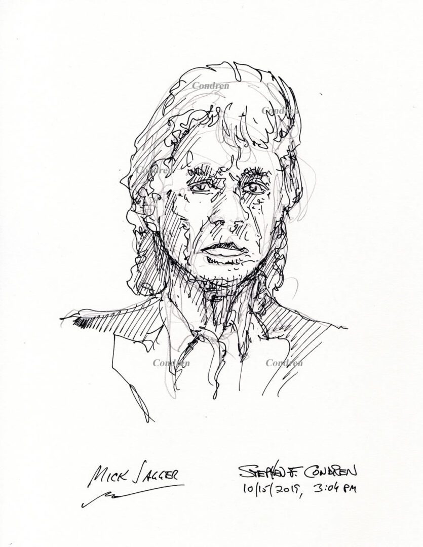 Pen & ink drawing of Mick Jagger by artist Stephen F. Condren.