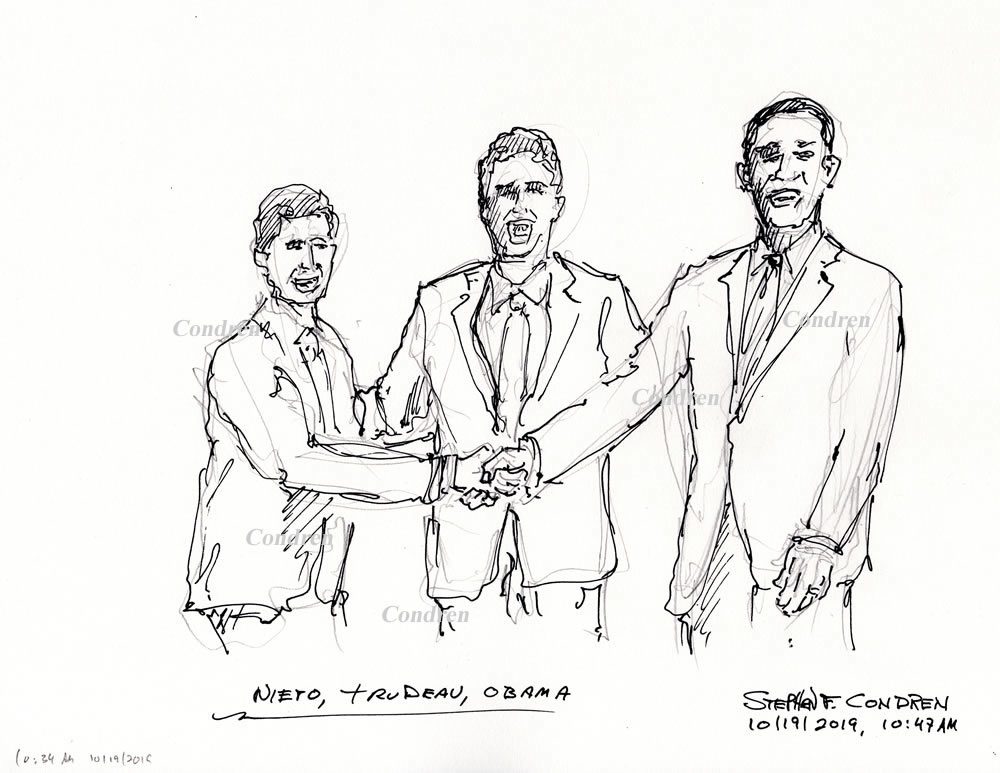 Pen & ink drawing of President Nieto, Prime Minister Trudeau, and President Obama, by artist Stephen F. Condren, with prints and scans.