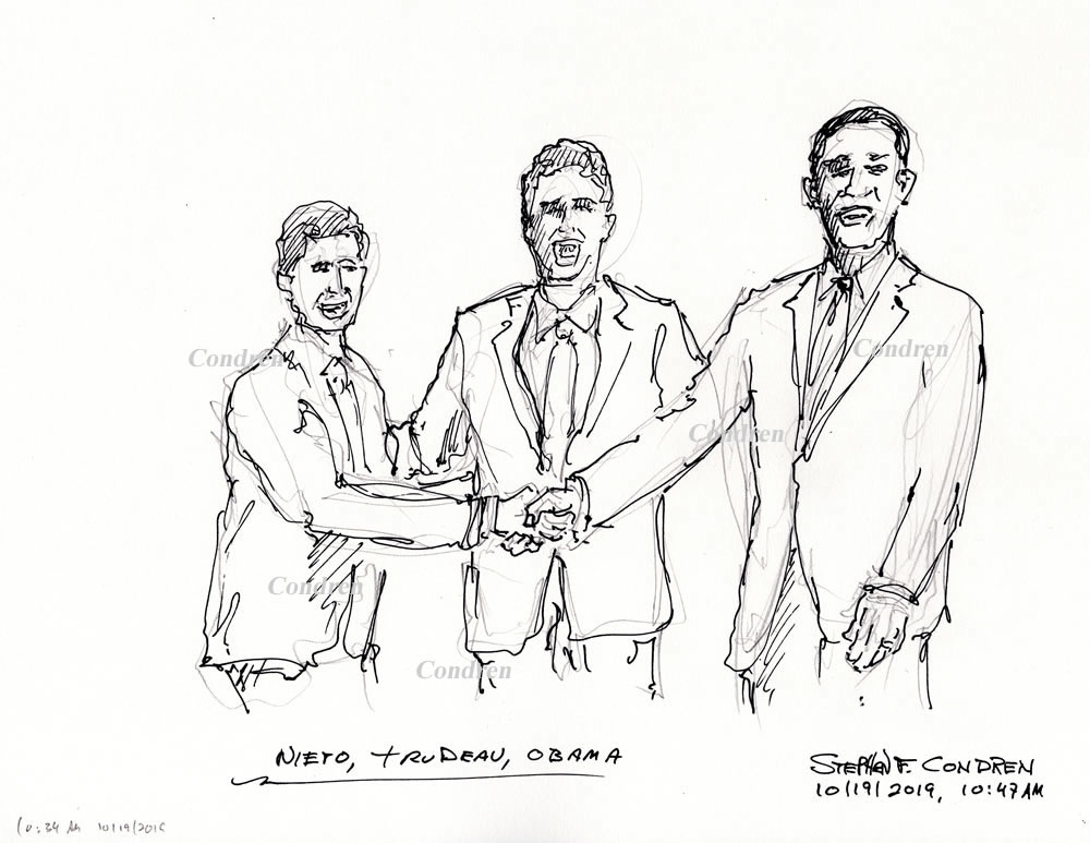 Pen & ink drawing of Presidents Nieto, Trudeau, and Barack Obama shaking hands, by artist Stephen F. Condren.