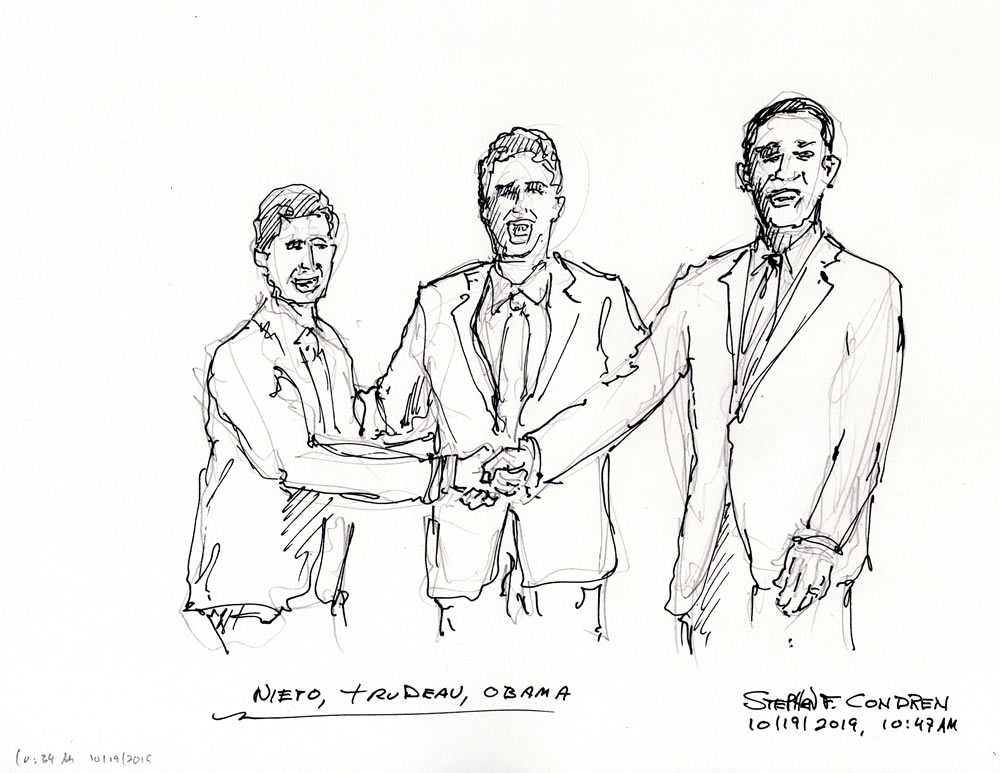 Pen & ink drawing of Presidents Nieto, Trudeau, and Obama shaking hands at the North American Leaders Summit in Ottawa, Ontario, by artist Stephen F. Condren.