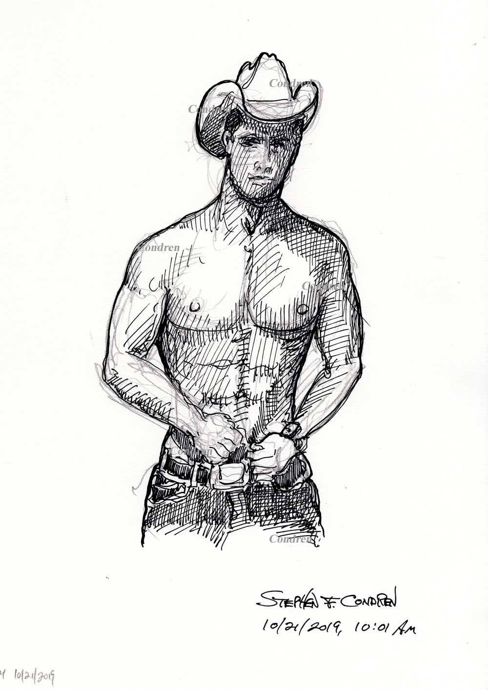 Pen & ink drawing of a gay cowboy by artist Stephen F. Condren, of Condren Galleries.