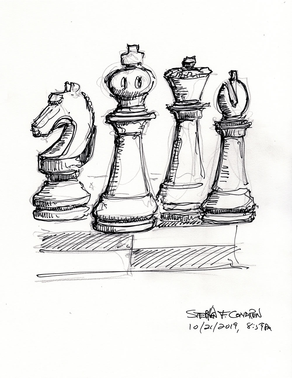 Pen & ink drawings of chess pieces.