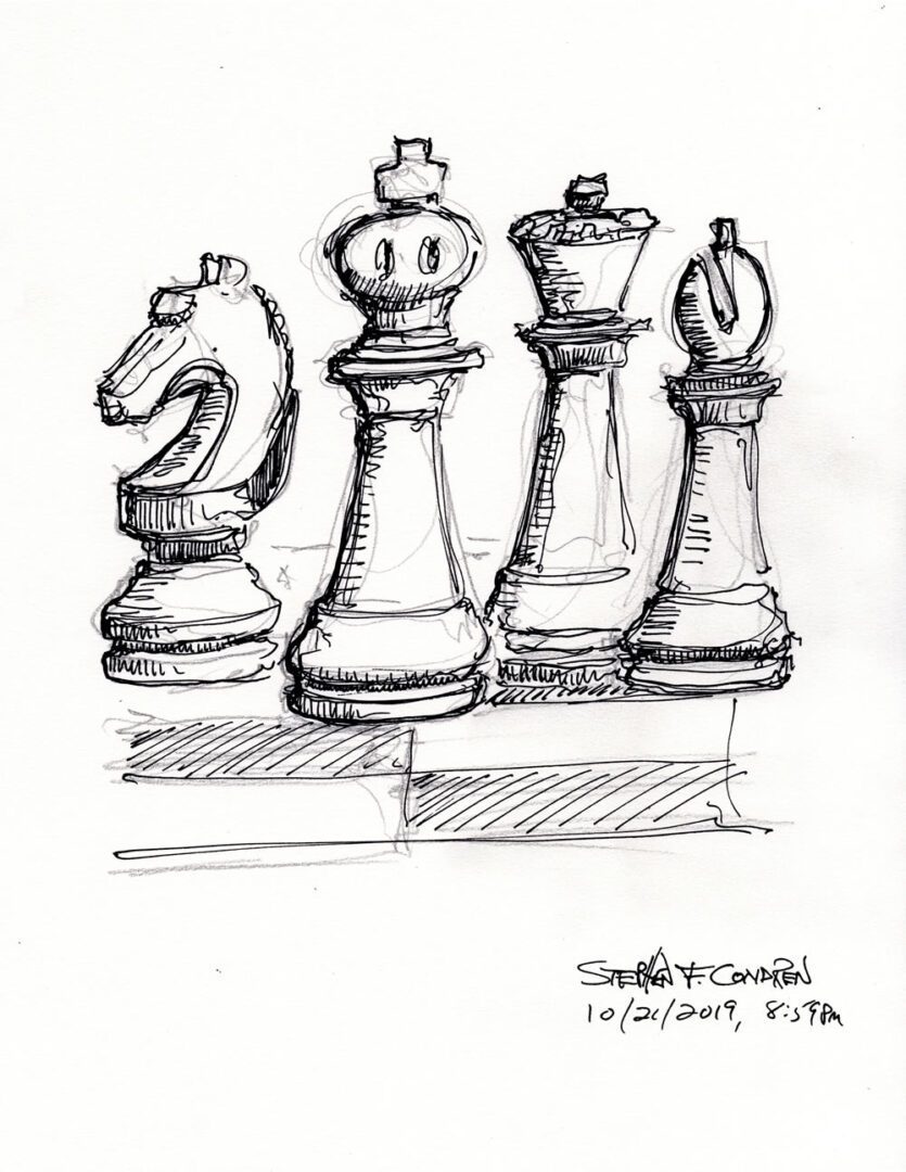 Pen & ink drawings of chess pieces.