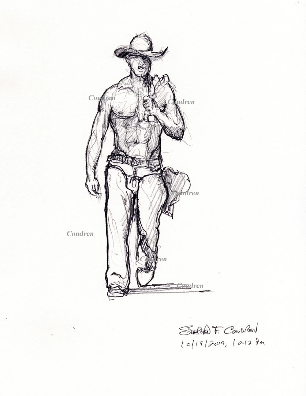Gay cowboy drawing #465Z, pencil sketch with contour lines, by artist Steph...